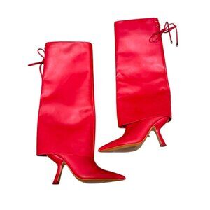 Gianni Bini Red Fold-Over Knee-High Heeled Boots Women 6M Leather NWOB